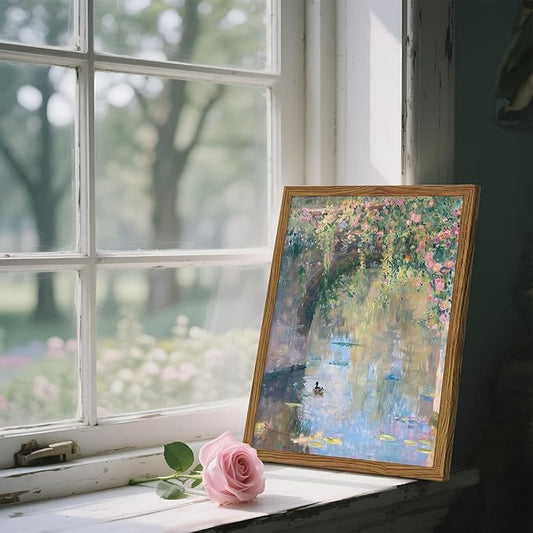 Framed Vintage Monet Canvas Wall Art, Floral Landscape Wall Decor Paintings, Country Nature Pictures Prints Aesthetic Home Decor for Living Room Bedroom Bathroom 8x10 inch