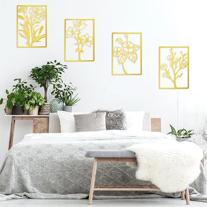 ZNZAPO 4 Pcs Large Gold Metal Flower Wall Art, Abstract Line Art Wall Decor, Minimalist Floral Wall Hanging Art, 3d Wall Art Sculptures Decor for Living Room Bedroom Bathroom (15.7 × 22.5”)