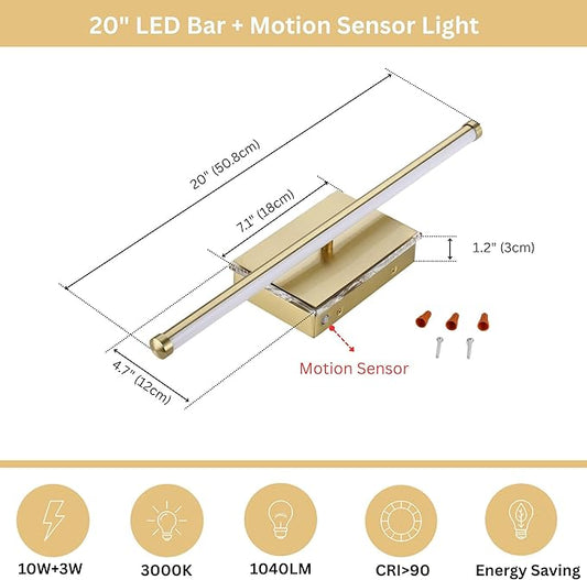 20-Inch Smart LED Vanity Light Bar | Dual Light Source (10W Main/3W Motion Sensor) | 4 Switch Modes (Incl. Night Light) | 3000K, 1040LM, CRI 90+, Dimmable, ETL(Brushed Gold)