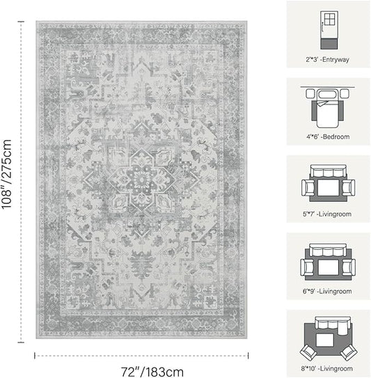 Rugxara 6x9 Washable Area Rug for Living Room, Neutral Vintage Large Boho Rugs for Office, Dining Room, Kids Room, Farmhouse, Durable Low Pile Non Slip Carpet for High Traffic Areas, Light Grey