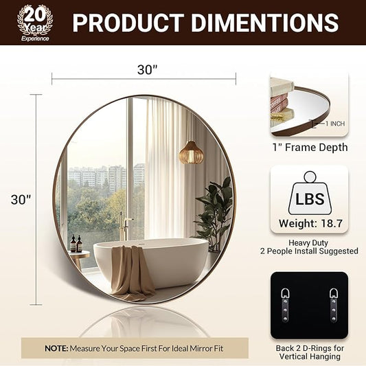 ANDY STAR Round Wall Mirror, 30 Inches Brushed Bronze Bathroom Mirror, Modern Vanity Mirror in Stainless Steel Frame
