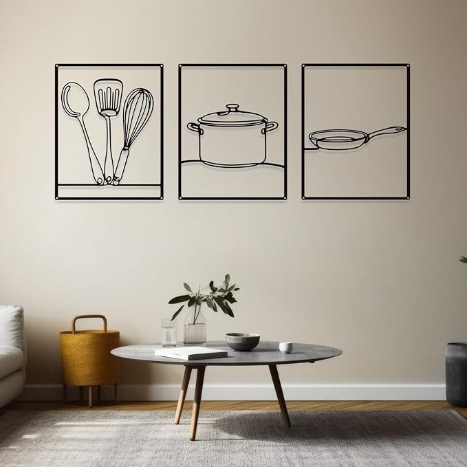 3 Pieces Metal Minimalist Line Kitchen Signs Wall Decor Drawing Rustic Kitchen Wall Art for Dining Living Room Home, 14 x 11 Inches(Kitchenware,Black)