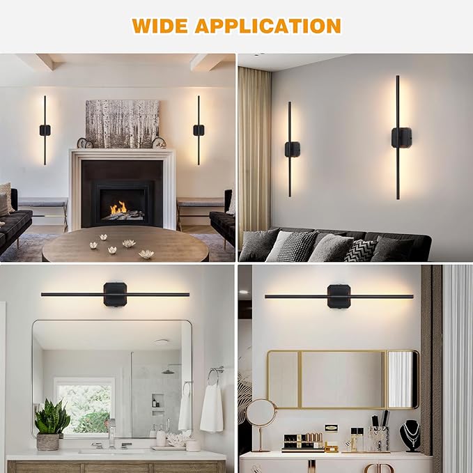 Battery Operated Wall Sconces Set of 2, ππ©π π«ππππ Rechargeable Wall Lights with Remote Control, LED Wall Sconces Black, 3000K-6000K Dimmable 360Β° Rotatable for Living Room, Bedroom, 28''
