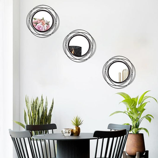 3 Set. Round Mirrors for Wall Decor Living Room Bedroom Bathroom Dining Room Metal Circle Mirror Set Boho Decorative Sunburst Wall Art Accent Entryway - Black 9.5 in.