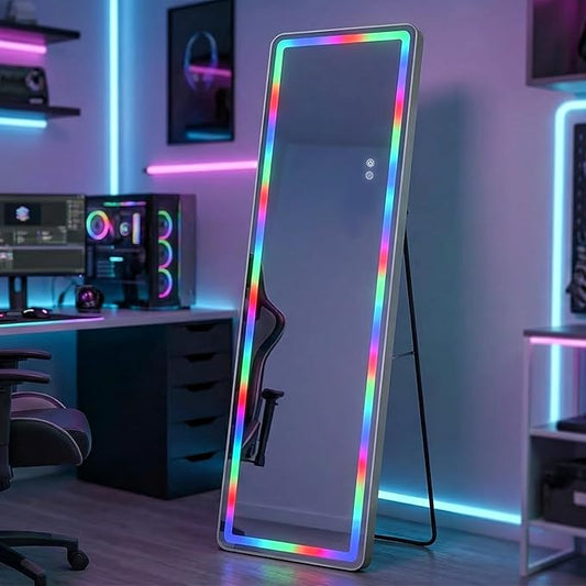 RGB LED Full Length Mirror, 63"x20" Floor Full Body Standing Mirror with 7-Color Changing RGB Lights with Remote & Touch Control, Dimmable Lighted for Gaming Room, Living Room