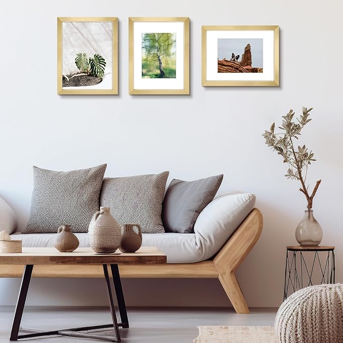 Golden State Art, 9x12 Picture Frame Set of 3 - Matted to 6x8 Photo - Engineered Wood Gallery Frame Set - Wall Mounting (Gold, 3 Pack)