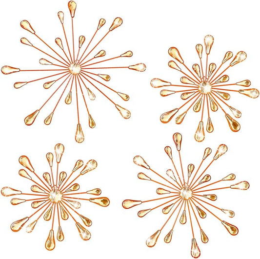 Hicarer 4 Pcs Starburst Wall Decor Bling Wall Art Crystal Teardrop 3D Hanging Rhinestone Radial Metal Artwork Modern Accent Sculptures Decorations for Living Room Home Office Bedroom(Orange)