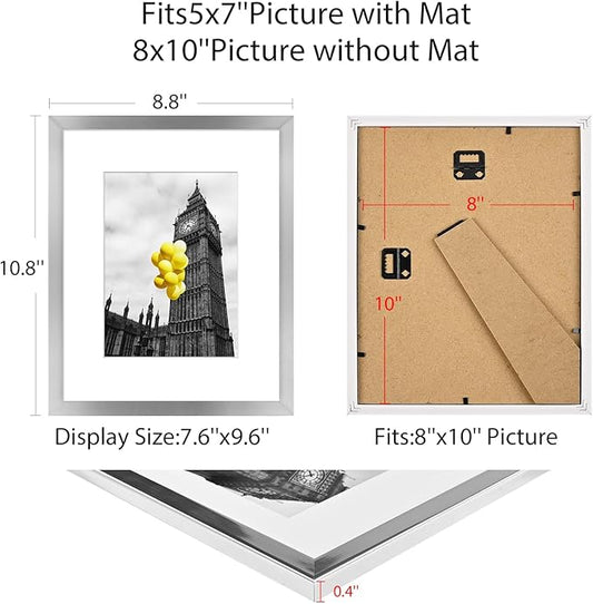 8x10 Picture Frame Set of 6, Display Pictures 5x7 with Mat or 8x10 Without Mat for Tabletop Display and Wall Mounting,Silver