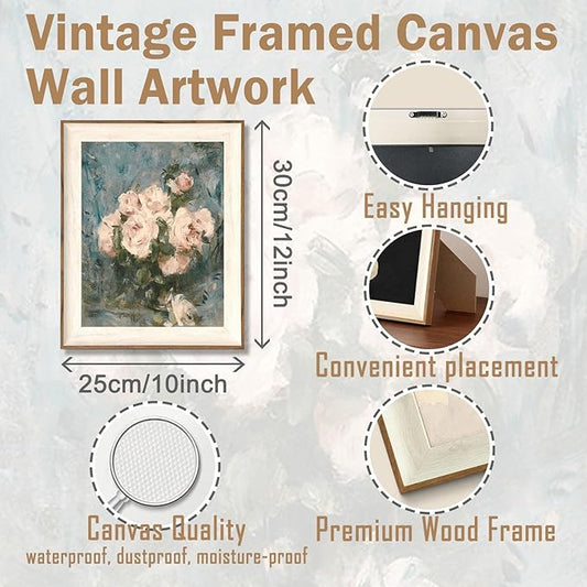 ASTRDECOR Framed Vintage Wall Art for Living Room, Vintage Floral Home Decor Aesthetic, Victorian Pink Rose Bouquet Oil Painting Blue Canvas Wall Art Prints, Antique Flower Pictures Blue Artwork for Living Room-10''x12''