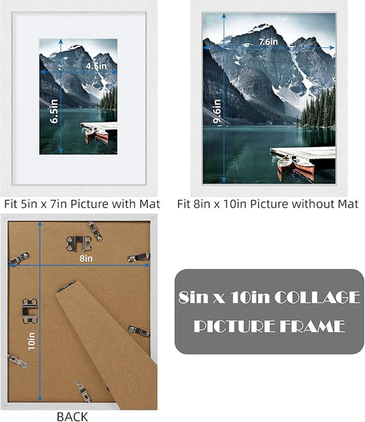 Hongkee 8x10 White Picture Frames set of 3, Made of Wooden and Glass Photo frame - Displays Picture 5x7 with Mat or 8 x 10 without Mat, Desktop & Wall Collage Frame set