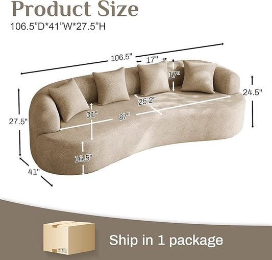 Oversized Sectional Sofa for Living Room, Modern Luxury Plush Chenille 4-Seater Extra Deep & Wide Seat Curved Cloud Couch with 4 Throw Pillows, No Assembly Needed, Light Brown