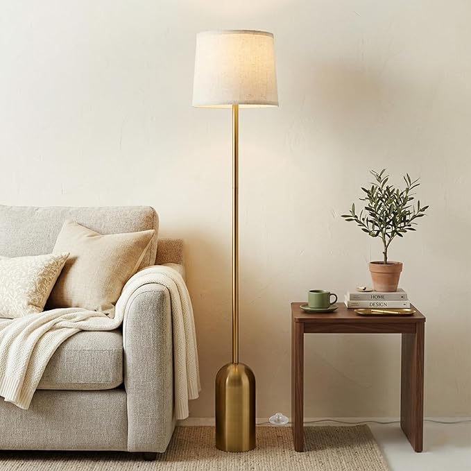 Gold Floor Lamps for Living Room, Dimmable Standing Lamp with Remote and Bulb, Modern Brass Tall Lamp with Heavy Metal Base, 3 Color Temperatures, Vintage Stand Up Light for Bedroom Reading Corner