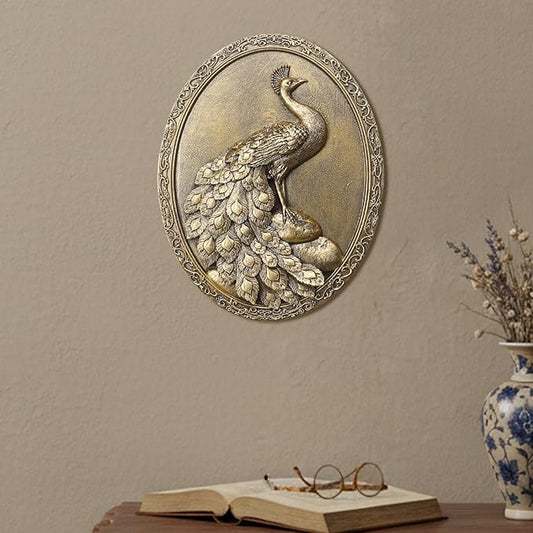 Newinhome Vintage Peacock Wall Sculpture Antique Wall Decor, Hand Painted Wall Decoration with Embossed Peacock Design, Gold Decor for Bedroom Living Room Hallway, Housewarming Gift