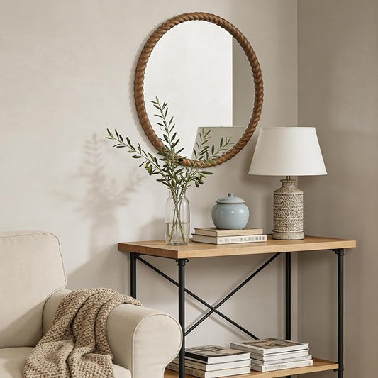 WallBeyond 30" Round Mirror with Rope-Design Frame, Large Circle Wall Mirror for Bathroom, Bedroom, Entryway & Living Room, Natural