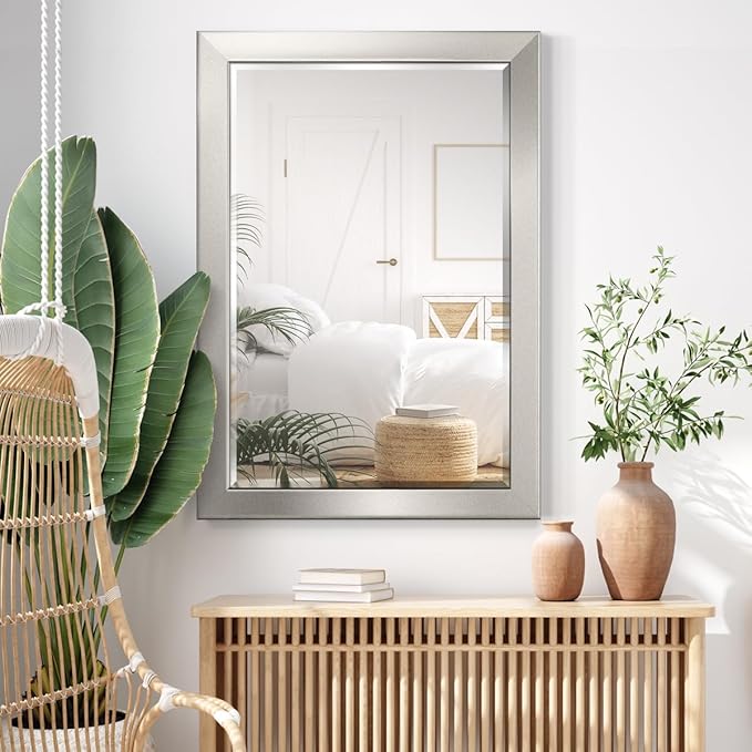 Renditions Gallery Rectangular Silver Wood Framed Body Mirror Verticle Or Horizontal Farmhouse Wall Mounted Vanity Mirror for Living Room Bedroom Home Decor - 41"x29" LT07