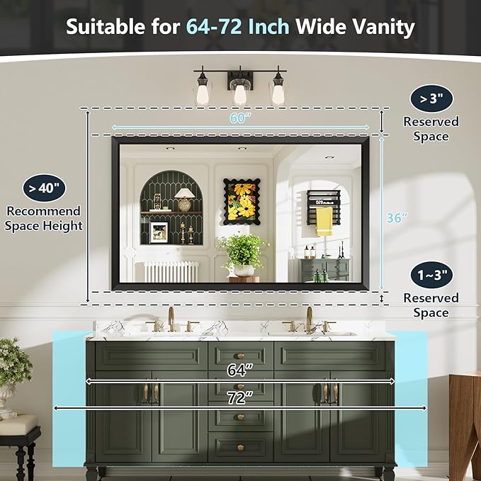 60x36 Inch Black Bathroom Mirror for Wall, Beveled Framed Rectangle Bathroom Vanity Mirrors for Over Sink, Bedroom, Living Room, Entryway, Anti-Rust, HD Tempered Glass, Horizontally/Vertically