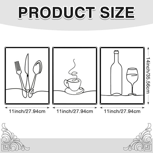 Otoolling 3 Pieces Metal Minimalist Line Kitchen Signs Wall Decor Drawing Rustic Kitchen Wall Art for Dining Living Room Home, 14 x 11 Inches(Dining Room,Black)