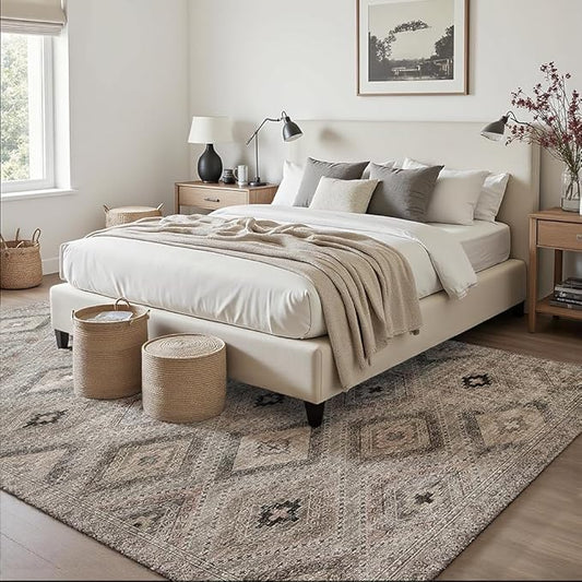 6x9 Area Rugs Light Brown Washable Rug for Living Room, Dining Room, Bedroom, Large Carpets, Non Slip & Non-Shedding Low Pile Vintage Print Rug for Home Office Decor