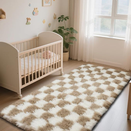 Checkered Rug for Bedroom, 2x4 Beige and White Area Rugs, Classic Checkered Carpets Shag Area Rug, Bedside Rugs for Living Room Bedroom Kids Room Home Decor