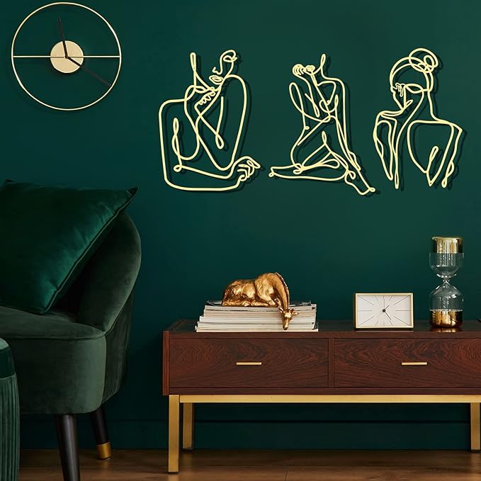 Photect 3 Pcs Metal Wall Art Decor Minimalist Abstract Woman Wall Art Metal Modern Line Drawing Decor Female Single Line Home Hanging for Bedroom Bathroom Living Room Housewarming(Elegant,Gold)