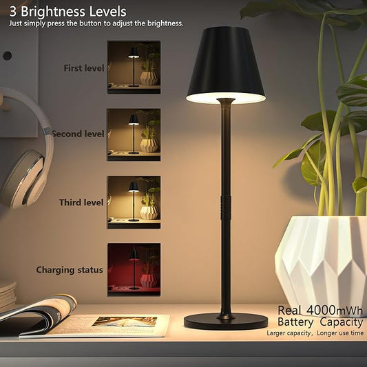 Timjorman 4-Pack Cordless Table Lamps - 5000mAh Rechargeable Battery Operated Desk Lamp, 3-Level Dimmable LED Night Light for Bedroom, Dining, Restaurant - Metal Design(Black 4pack)