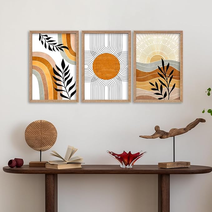 SRSZHIYUE Boho Art Wall Decor Wooden Framed 24x16 Inch Set of 3 Geometric Sun Desert Plant Wall Art for Bedroom Living room Hanging (Wood)