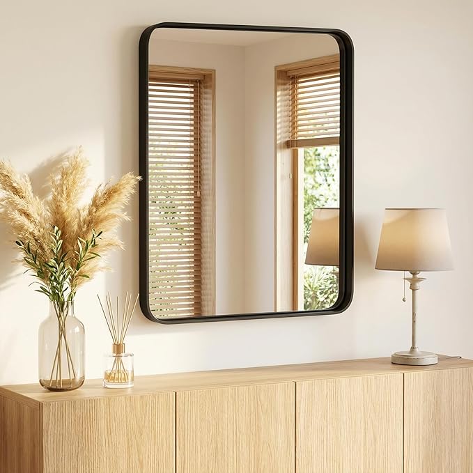 NEWBULIG 28X36 Inch Bathroom Mirror for Over Sink, Wall Vanity Mirrors Tempered Glass, Anti-Rust Metal Framed Rounded Rectangle, Hangs Horizontally or Vertically, Farmhouse Home Decor, Black
