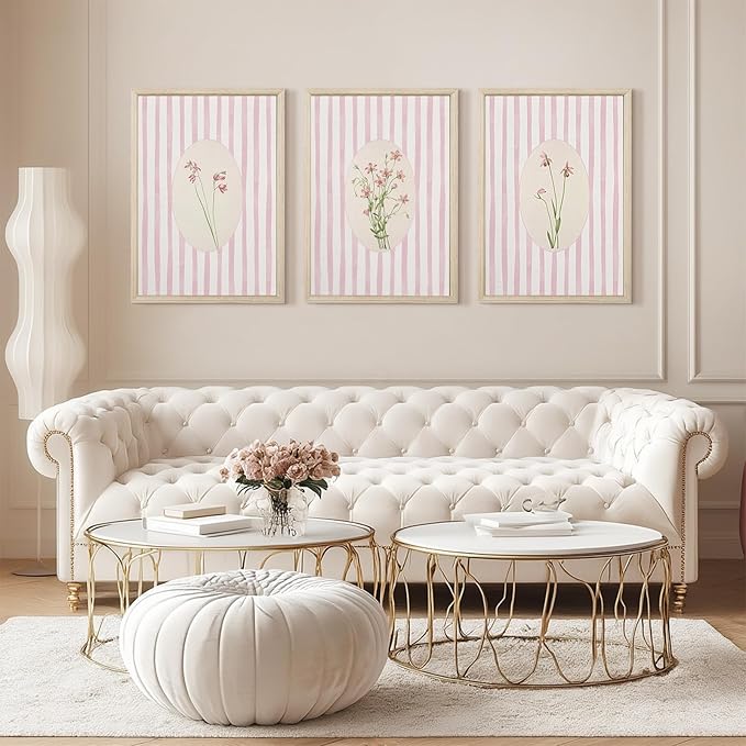 Pink Flower Wall Art Striped Floral Prints Botanical Canvas Wall Decor Aesthetic Pictures Pastel Pink Floral Poster Minimalist Flower Painting for Girl Room 12x16 Inch Framed Set of 3