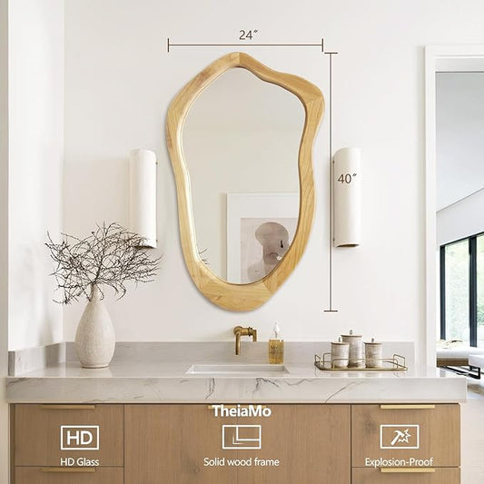 40"x24" Irregular Wall Mirror, Solid Asymmetrical Mirror, Wood Bathroom Mirrors Wall Mounted, Wall Mirrors Decorative for Living Room, Bedroom, Bathroom, Hallway, Entryway