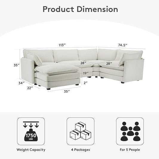 ROWHY 113'' Sectional Cloud Couch, 5 Seater Modular Corner L Shape Sofa Big Comfy Corduroy Oversized Couch with 2 Pillows Movable Ottoman, Deep Seat Sectional Couches for Living Room Office Light Grey | Pet-Friendly Fabric