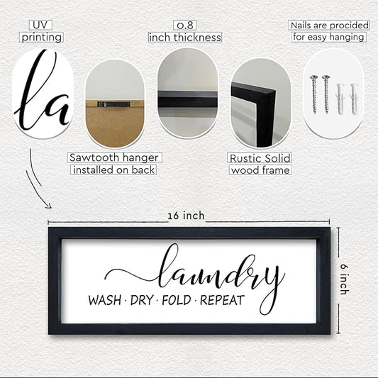 Laundry Room Wall Decor Sign 16"×6" Bathroom Laundry Rules Wash Dry Fold Repeat Small Wood Framed Wall Hanging Art (Black)