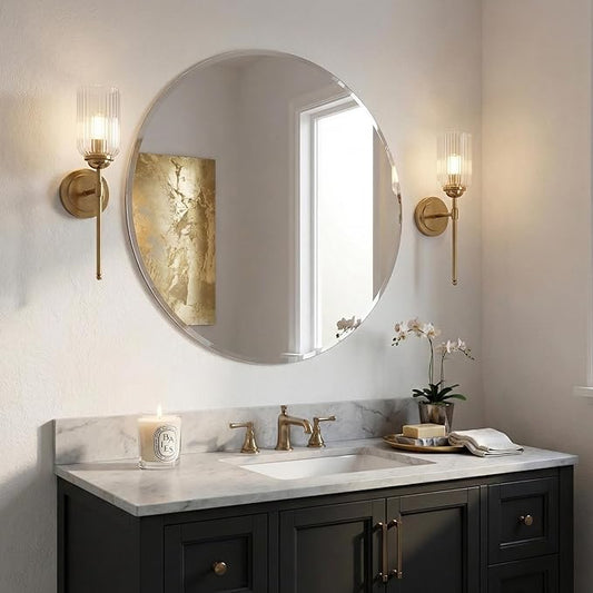 30 Inch Round Frameless Bathroom Mirror with Solid Backing, Beveled Edge Circle Vanity Mirror for Over Sink, Large Wall Mirror for Entryway Fireplace