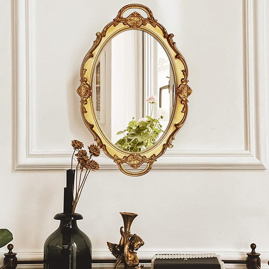 Eaoundm 14.5 x 10 inchs Smallest Oval Antique Decorative Wall Mirror Vintage Hanging Mirror (Gold)