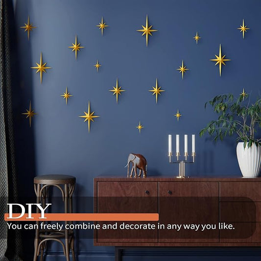 MidModArt 7PCS Mid Century Modern 3D Star Wall Art Gold Retro Starburst Sculptures Vintage Celestial Home Decor, Gold Starburst