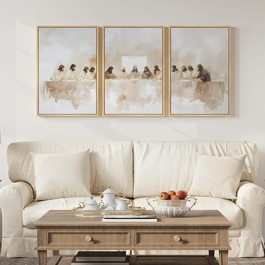 Framed Christian Wall Art Set of 3, The Last Supper Canvas Prints, Neutral Beige Biblical Artwork for Living Room Bedroom Dining Room Office, 16x24 Inch