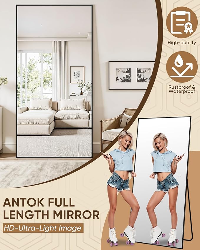 Antok 76''x34'' Full Length Mirror, Shatterproof HD Oversized Floor Mirror with Stand, Aluminum Alloy Frame Leaning Standing or Wall Mounted Mirror for Bedroom Living Room Entryway, Black