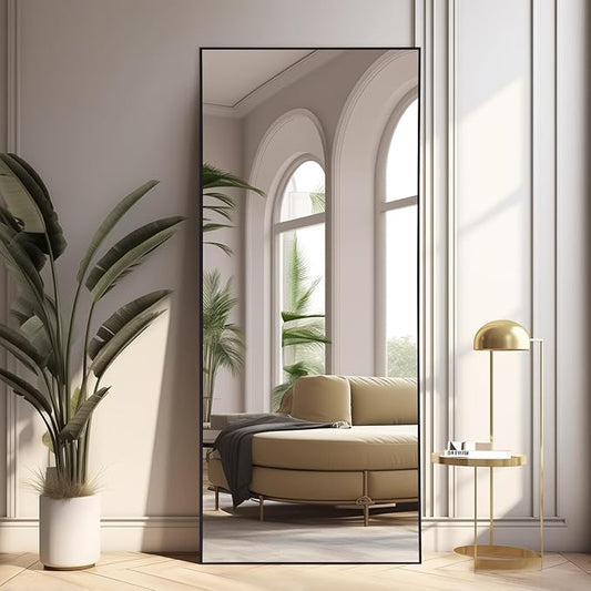 MELOMOIR 64"x21" Full Length Mirror, Floor Mirror with Stand Hanging or Leaning, Aluminum Alloy Frame Full Body Mirror for Bedroom Living Room Cloakroom Hallway, Wall Mirror Full Length, Black