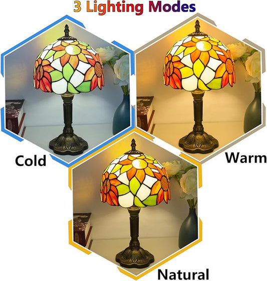 Tiffany Style Table Lamp, 3 Color Temperatures Bedside Lamp, 8 Inch Stained Glass Desk Light for Home Office Bedroom Living Room (Sunflower Pattern)