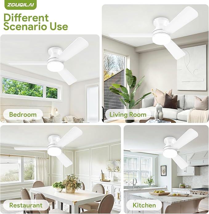 2 Pack 42" White Ceiling Fans with Lights and Remote, Low Profile Ceiling Fan with Light, Reversible DC Motors, 3CCT Dimmable Timer Noiseless, Flush Mount Ceiling Fan for Bedroom/Living Room