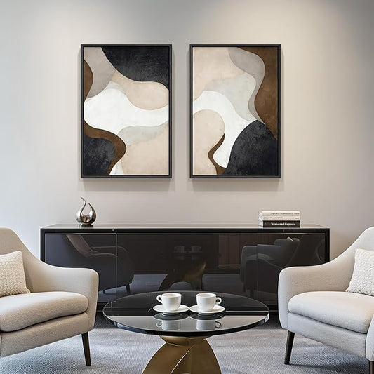 Framed Neutral Abstract Minimalist Wall Art, 2 Piece Large Modern Canvas Prints Paintings Artwork for Walls, Black Beige Brown Abstract Art Pictures for Living Room Dining Bedroom Wall Decor 20x30 In