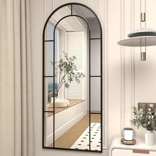 Rowjut Arched Wall Mirror 56" x 22" Window & Wall Decorative Mirror, Iron Framed Window Pane Mirrors, Arched Top Wall Mirror for Entryway Living Room, Bedroom, Fireplace (Black)