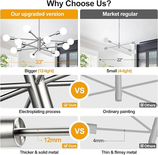10.9"-52.3" Height Adjustable Modern Chandelier Ceiling Light Fixture, 12-Light Sputnik Chandeliers Brushed Nickel Mid Century Chandelier Over Table, Chandeliers for Dining Room (Bulbs Not Included)