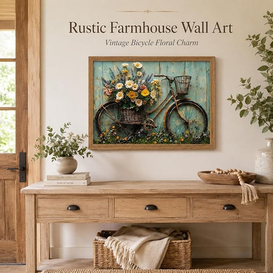 Framed Rustic Farmhouse Daisy Wall art Vintage Bicycle Flowers Painting Picture Wall Decor Flower Still Life Poster Print Artwork for Bathroom Living Room Bedroom Home Decoration