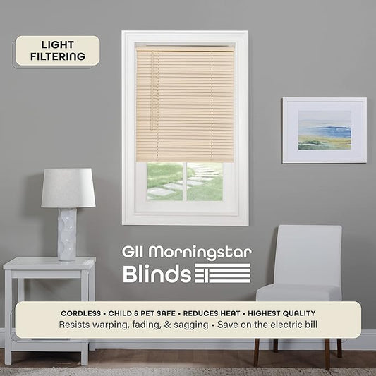 Cordless Light Filtering Mini Blind - 41 Inch Width, 64 Inch Length, 1" Slat Size - Alabaster - Cordless GII Morningstar Horizontal Windows Blinds for Interior by Achim Home Decor