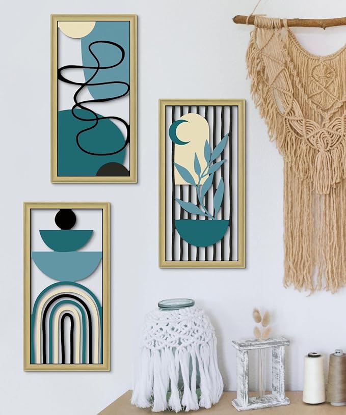Putuo Decor Boho Wall Art Set of 3 Modern Minimalist Wooden Wall Decor Abstract Geometric Room Decorations Mid Century Artwork for Living Room Bedroom Office in Blue Tones 16.5 x 8.6 Inch