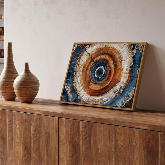 BingruiArt Framed Tree Ring Canvas Wall Art Abstract Wood Wall Decor Boho Modern Colorful Nature Painting Wood Stump Prints Pictures for Living Room Bedroom Bathroom Office 12"x16" Natural Framed(05)
