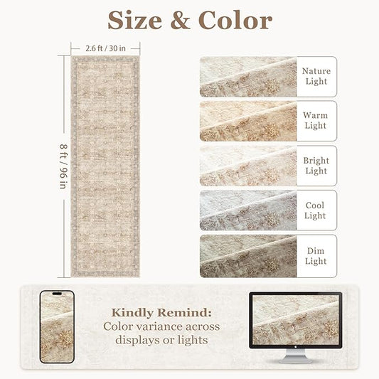 Neutral 2'6''x8' Kitchen Runner Rug, Vintage Printed Runners for Hallways Non Slip Washable, Low Pile Thin Entryway Runner Rug Indoor Foyer Mudroom Bathroom Bedroom, Earth Tone Beige Taupe