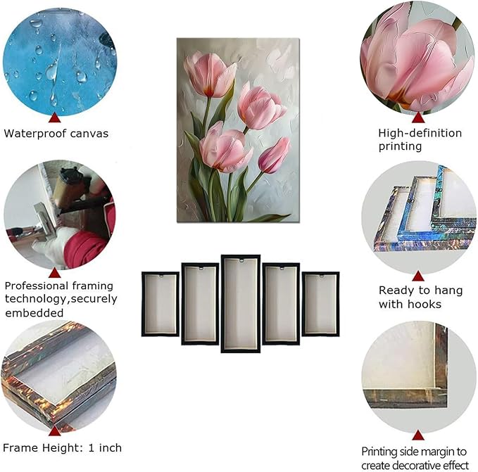 Tulips Wall Art Flowers Pictures Pink Bathroom Decor Modern Spring Floral Paintings Canvas Prints Artwork for Living Room Bedroom Home Decoration Framed