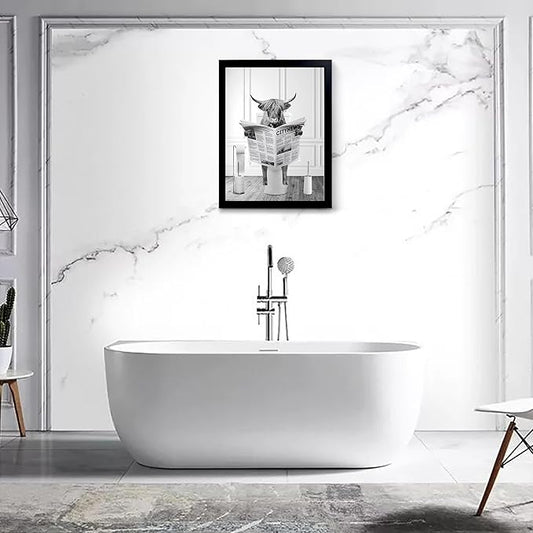 Black Framed Bathroom Decor - Funny Highland Cow Wall Art in Bathtub, Black and White Canvas Cow In Bathroom Picture, Humor Animals Bathroom Artwork Prints, Wall Decor Ready To Hang for Living Room,