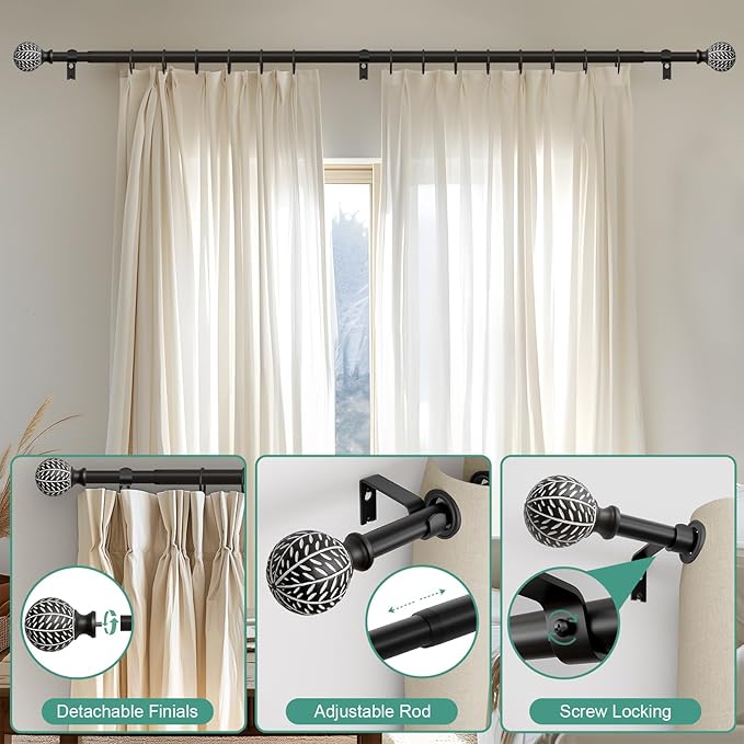 QDWIS Black Curtain Rods for Windows 72 to 144 Inch,1'' Diameter Drapery Rods with Leaf Pattern Finials,Decorative Adjustable Heavy Duty Curtain Rods Set,36-150''